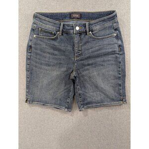 NYDJ Jean Shorts Womens Size 8 Blue Bermuda Denim flat Front Faded Whiskers